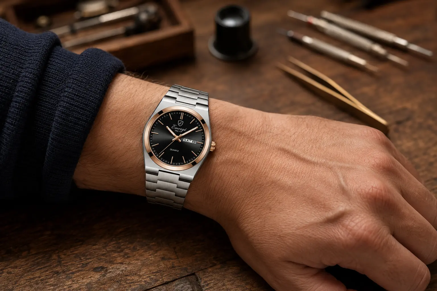 Black Rose Kronos on the wrist at a traditional watchmaker's bench