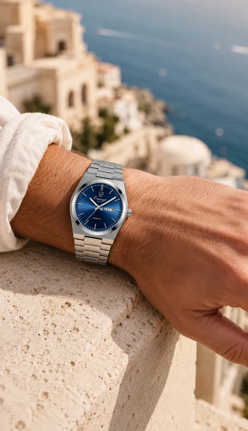 Blue Steel Kronos worn with a white linen shirt beside pale coastal stone