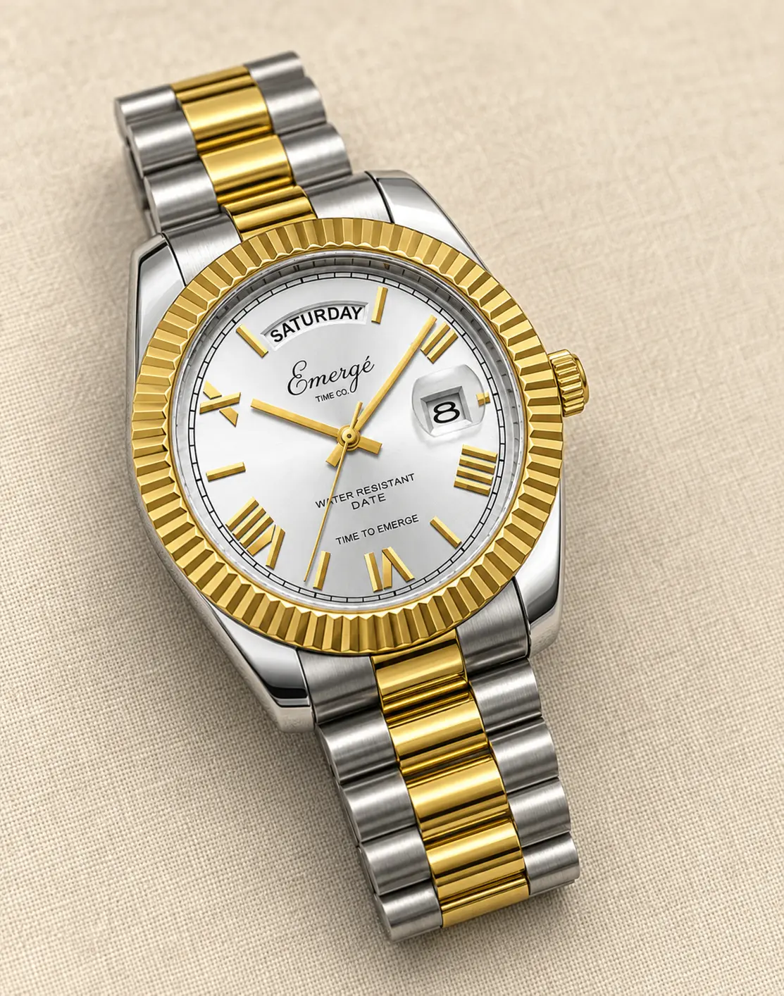 Ivory-dial two-tone Emergé day-date watch on warm linen