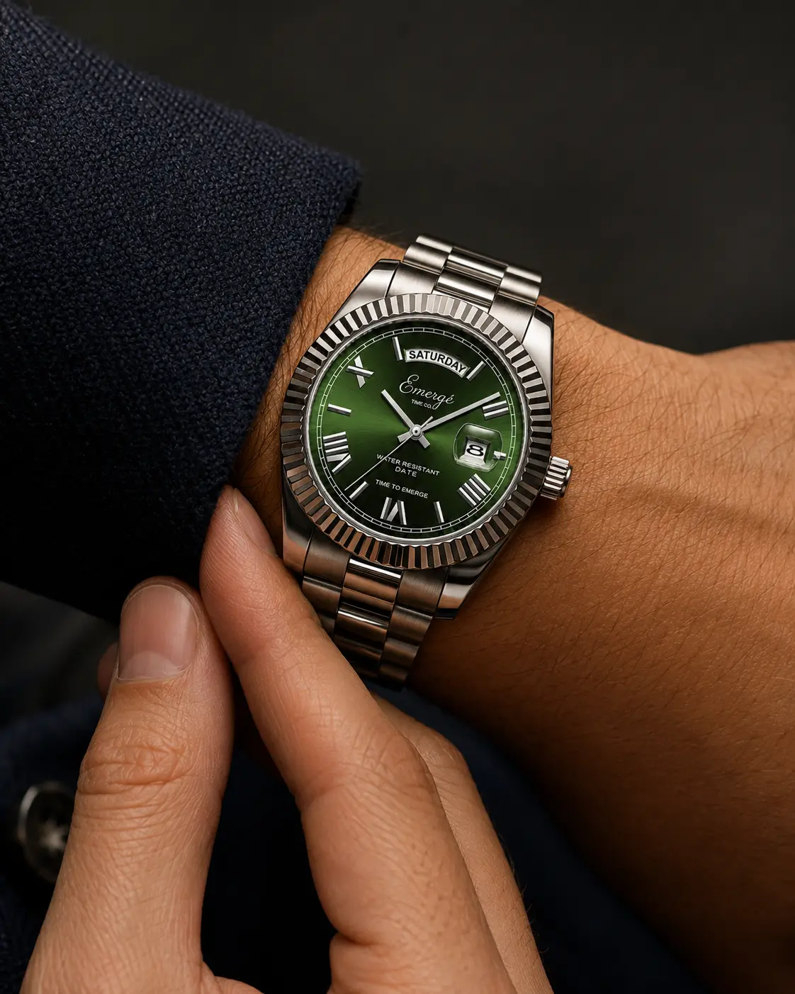 Steel and Green Scarlett worn beneath a dark cuff