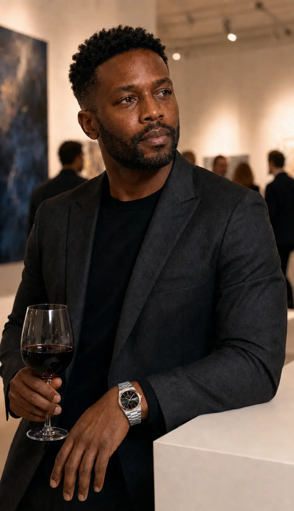 Man wearing the Black Rose Kronos at an evening gallery opening
