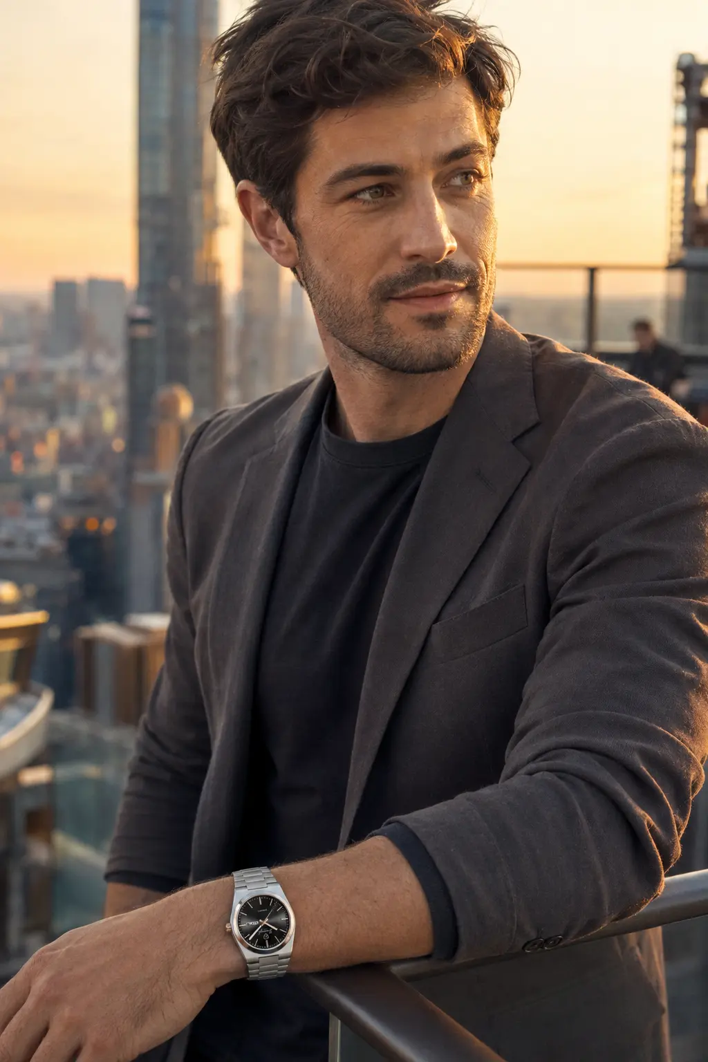 Man wearing the Black Rose Kronos on a city rooftop at golden hour