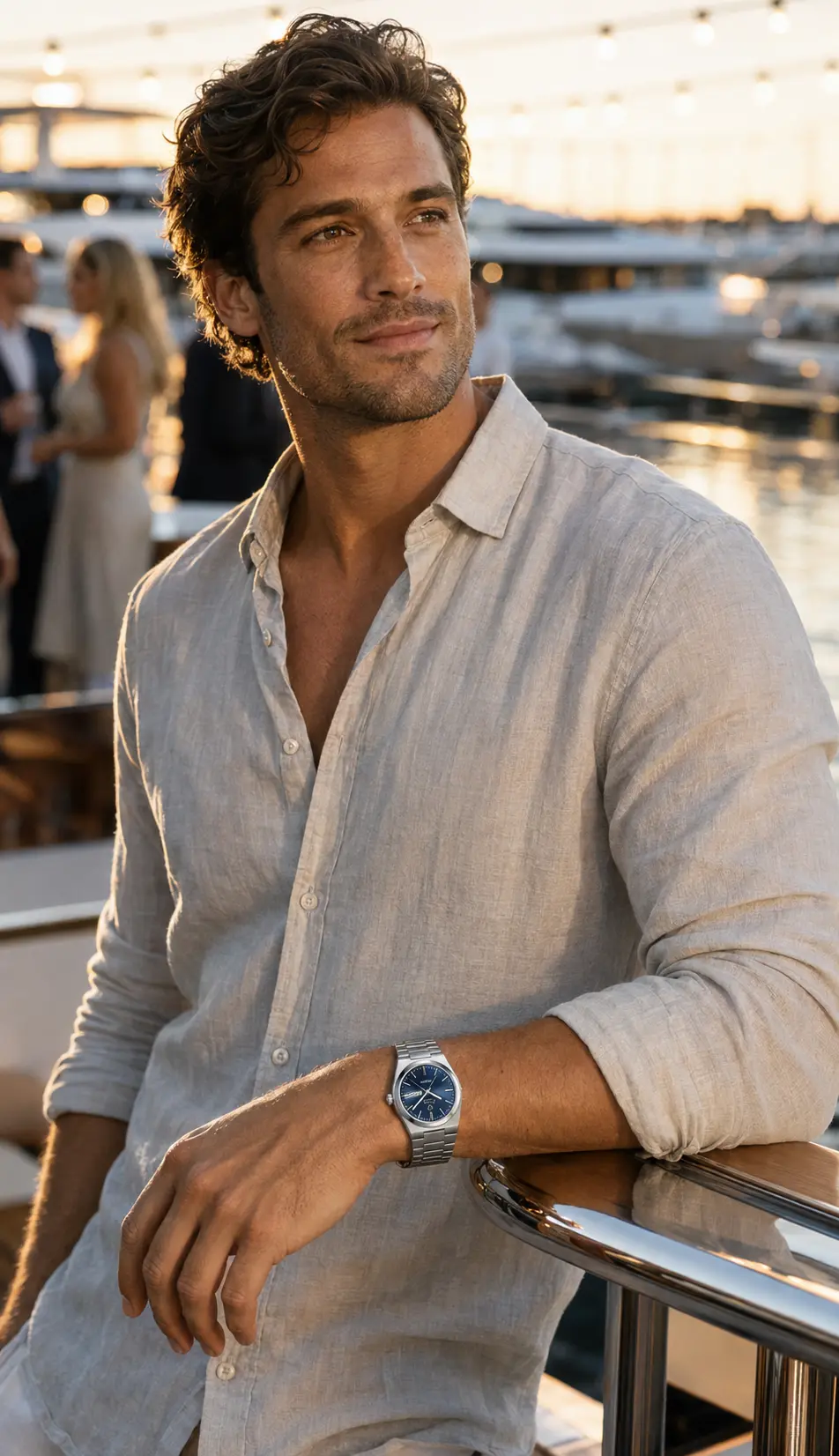 Man wearing the Blue Steel Kronos beside a marina after dark