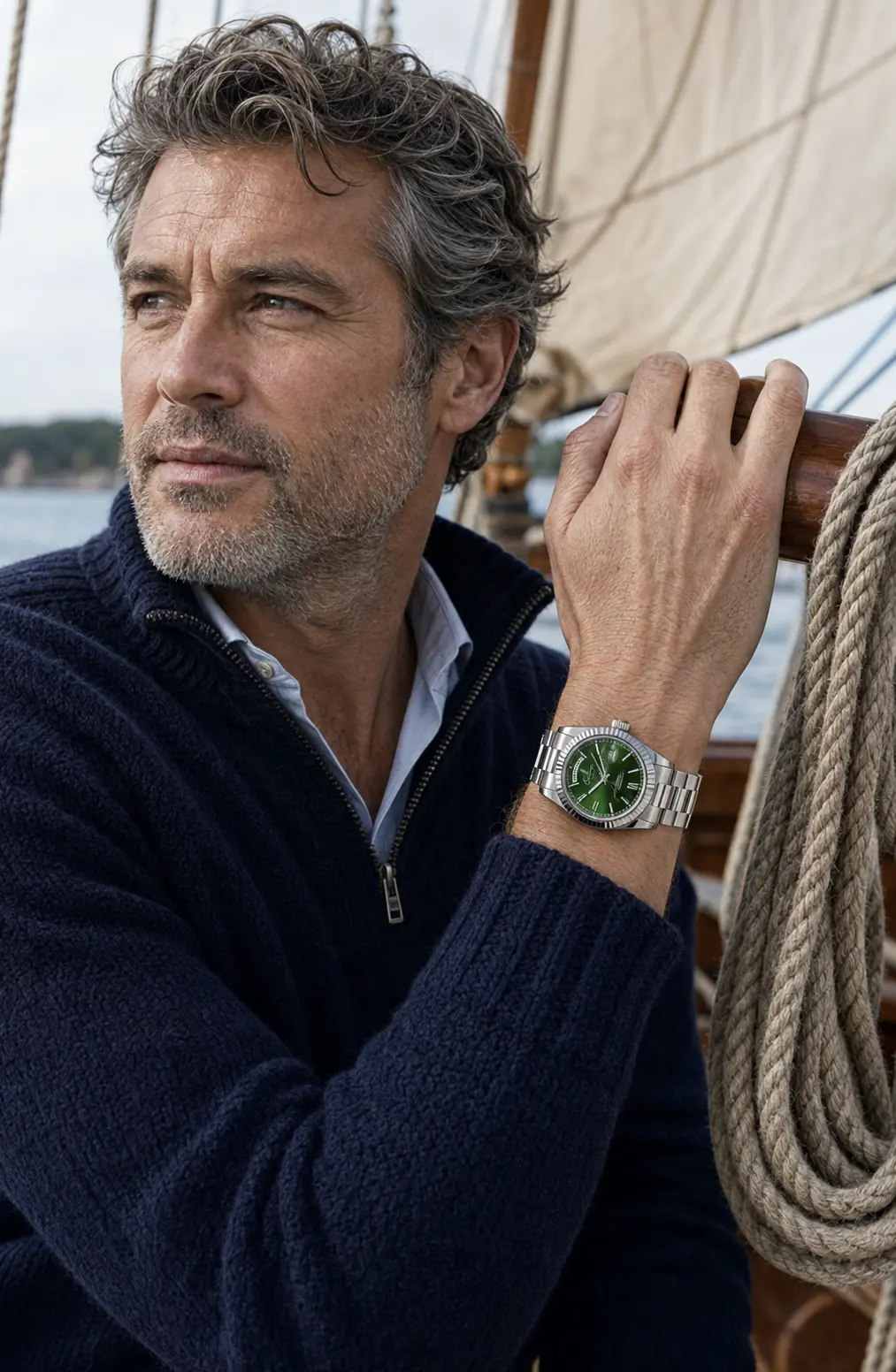 Man wearing the Steel and Green Scarlett aboard a sailboat