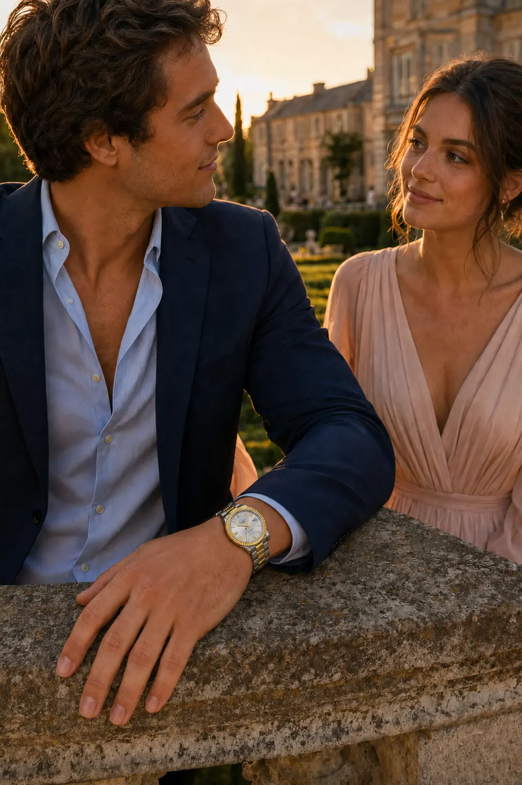 Couple in evening attire with the Two-Tone Scarlett in a garden at golden hour